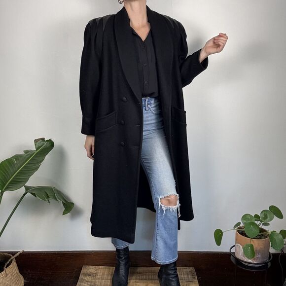 Vintage Jofeld 80s Double Breasted Black Wool & Leather Trench Coat USA ILGWU - Picture 1 of 14